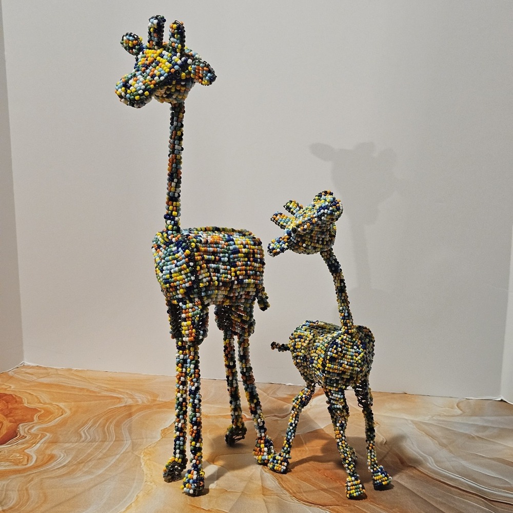 African Beaded Wire Giraffe Sculpture Pair Handcrafted Parent Baby Folk Art